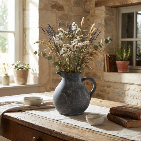 Hill Interiors Ceramic Jug in grey with a rounded body and handle, holding dried lavender, eucalyptus and grasses on a rustic table by a stone wall.