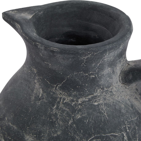 Close-up of the Hill Interiors Ceramic Jug in grey, showing its shaped pouring spout, textured semi-matt glaze finish and part of the sturdy handle.