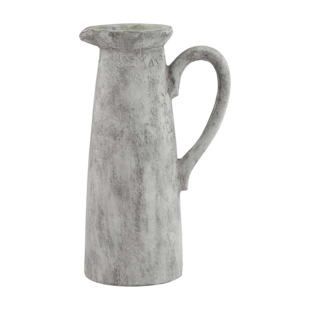 Hill Interiors Tall Ceramic Jug in white with a distressed glaze, slender tapered body, shaped pouring lip and looped handle, on a plain background.
