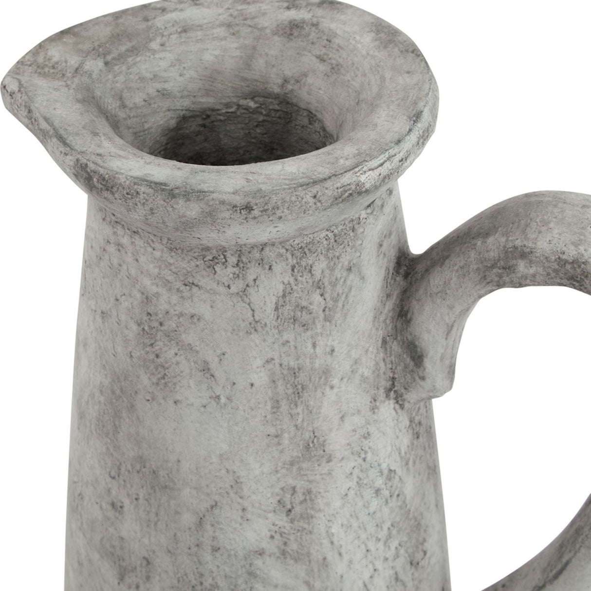 Close-up of Hill Interiors Tall Ceramic Jug in white with a distressed grey-toned glaze, showing the shaped pouring lip and curved handle.