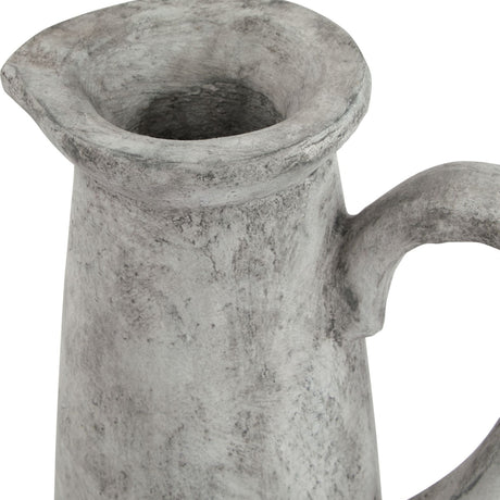 Close-up of Hill Interiors Tall Ceramic Jug in white with a distressed grey-toned glaze, showing the shaped pouring lip and curved handle.