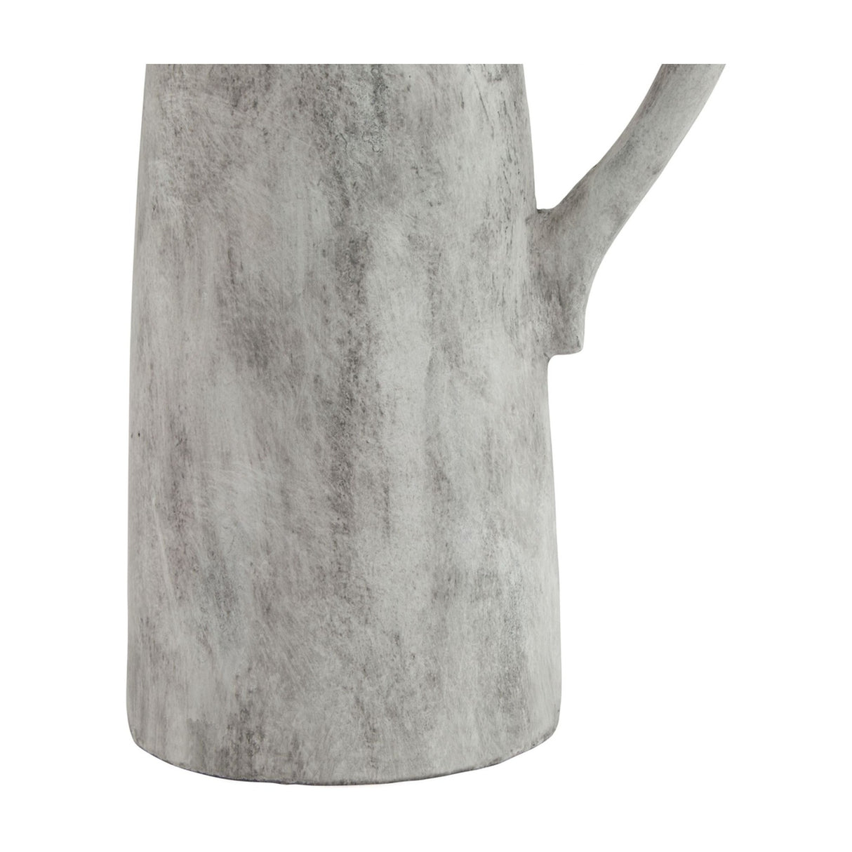 Close-up of the Hill Interiors Tall Ceramic Jug in white, showing the lower body and curved handle with a mottled glazed finish against a plain background.