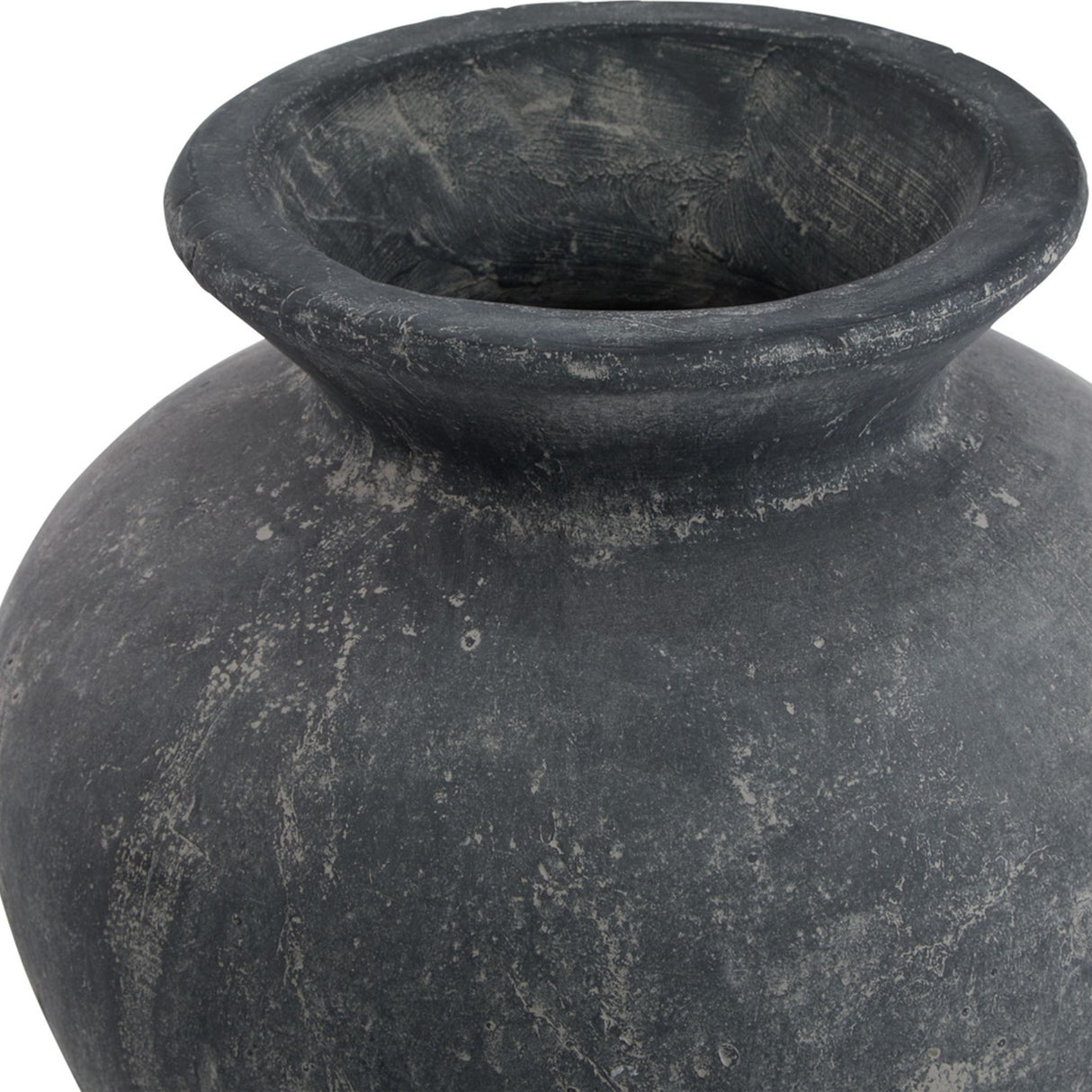Close-up of the Hill Interiors Ceramic Vase 30cm in grey, showing the flared rim, tapered neck and mottled distressed glaze on the rounded body.
