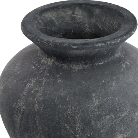 Close-up of the Hill Interiors Ceramic Vase 30cm in grey, showing the flared rim, tapered neck and mottled distressed glaze on the rounded body.