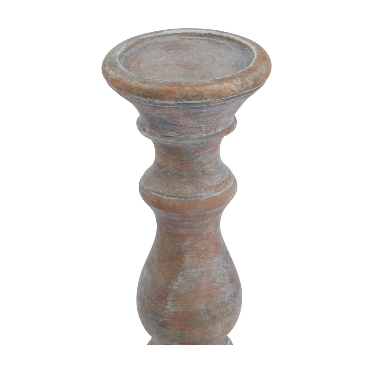 Hill Interiors Column Candle Holder in brown ceramic, shown close-up with a tapered pillar form and recessed top for a dinner candle, on a white background.