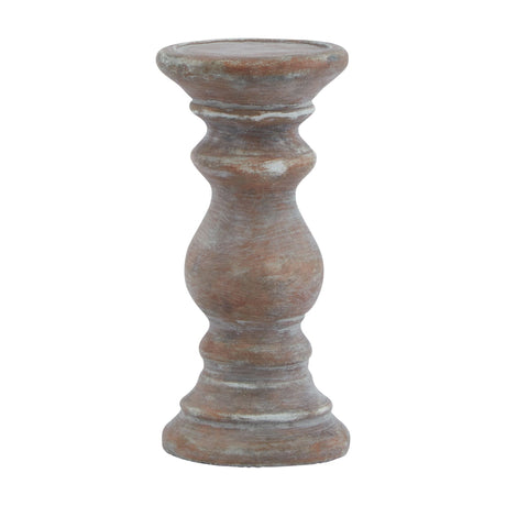 Hill Interiors small brown ceramic column candle holder with a turned, sculptural silhouette and warm earthy finish, shown on a plain white background.
