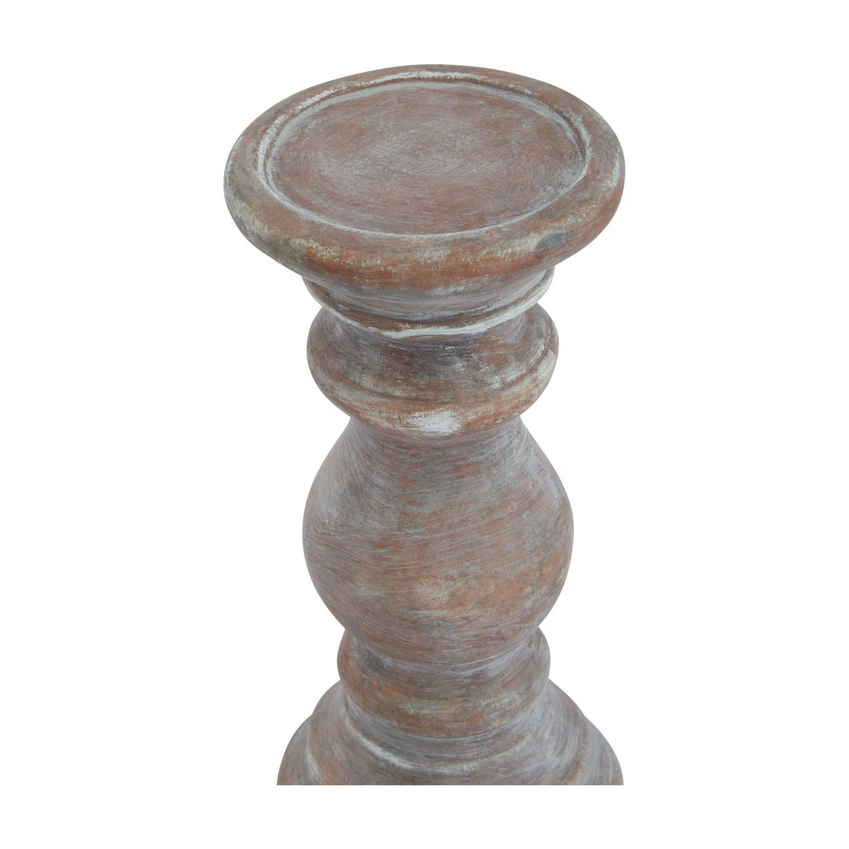 Hill Interiors small brown ceramic column candle holder shown close up, highlighting the turned baluster shape and warm, tactile earthy finish.
