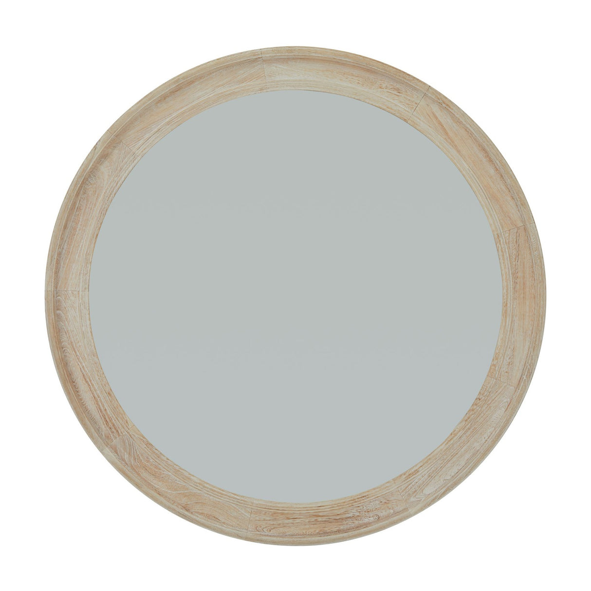 Hill Interiors Washed Wood Round Framed Large Mirror in white with a wide pale timber frame and circular glass, shown on a plain background.