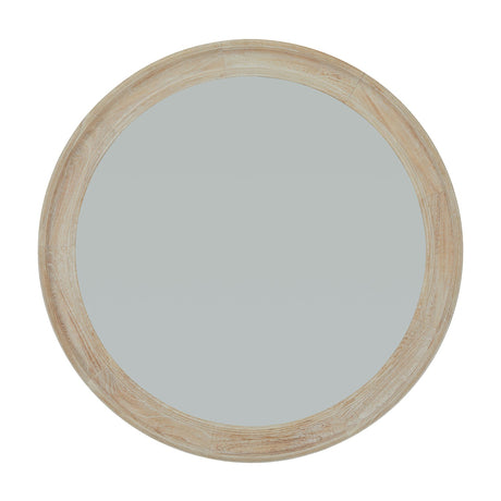Hill Interiors Washed Wood Round Framed Large Mirror in white with a wide pale timber frame and circular glass, shown on a plain background.