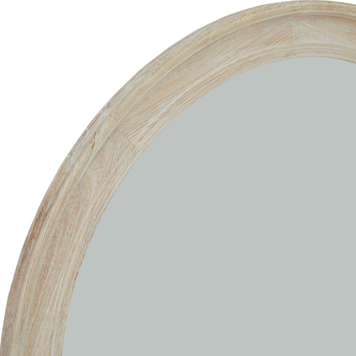Close-up of Hill Interiors Washed Wood Round Framed Large Mirror in white, showing the wide timber frame with visible grain and soft whitewashed finish.