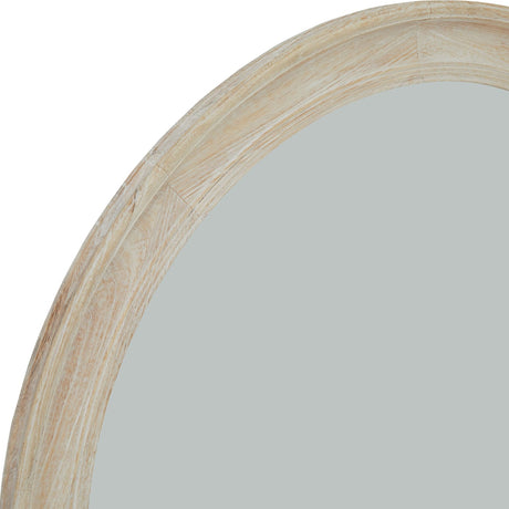 Close-up of Hill Interiors Washed Wood Round Framed Large Mirror in white, showing the wide timber frame with visible grain and soft whitewashed finish.