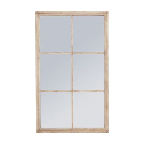 Hill Interiors large washed wood window mirror in brown, tall rectangular frame divided into six panes, shown against a plain white background.