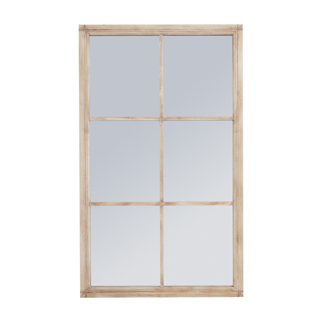 Hill Interiors large washed wood window mirror in brown, tall rectangular frame divided into six panes, shown against a plain white background.