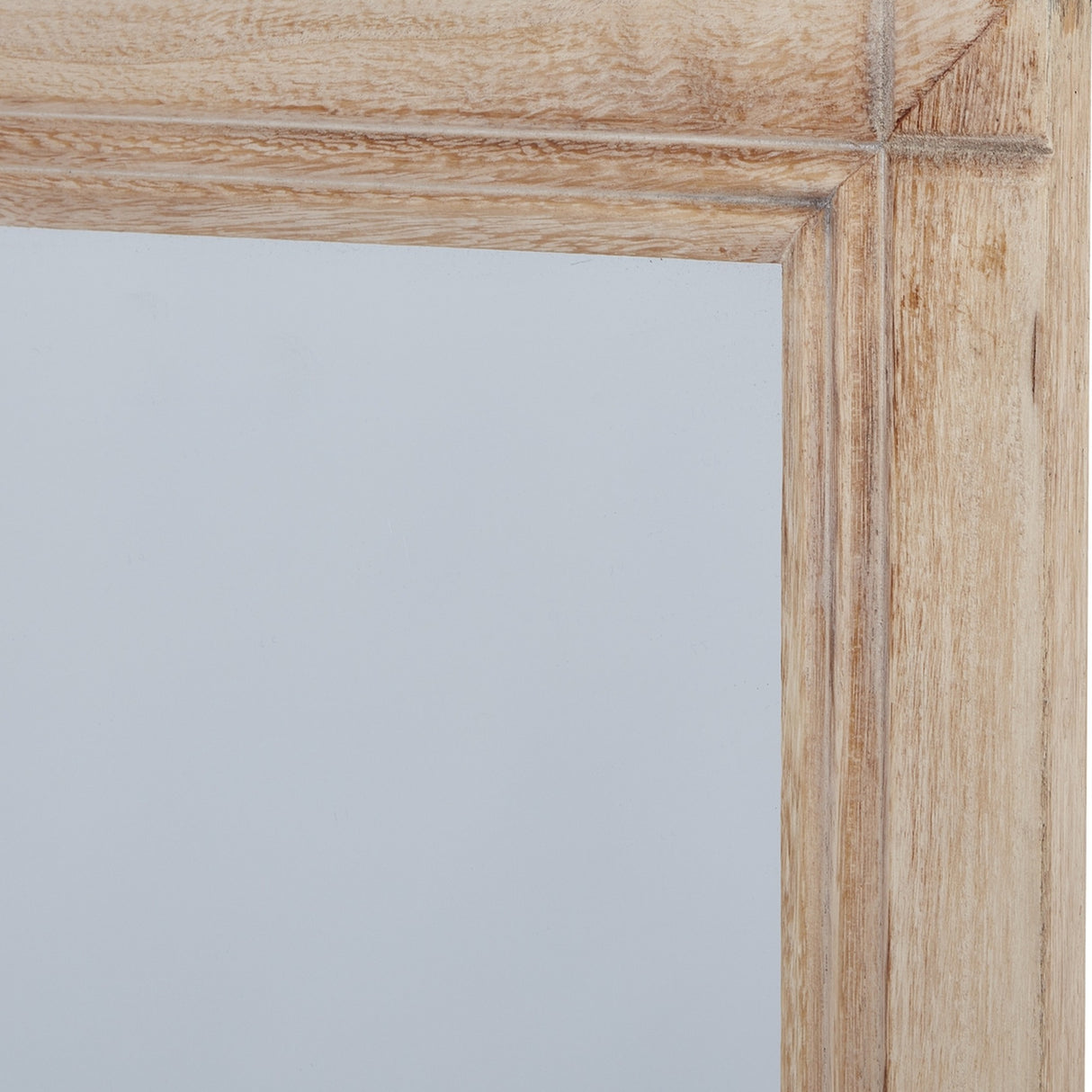 Close-up of the Hill Interiors Large Washed Wood Window Mirror corner, showing the solid wood frame with visible grain and fine glazing bars.