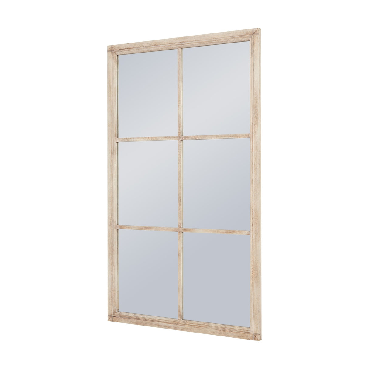 Hill Interiors Large Washed Wood Window Mirror in brown with a six-pane wooden frame, shown at an angle on a plain white background.