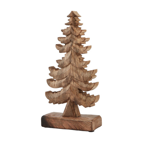 Hill Interiors beige wooden Christmas tree, a carved tapered fir silhouette with visible grain on a small rectangular base, on a white background.