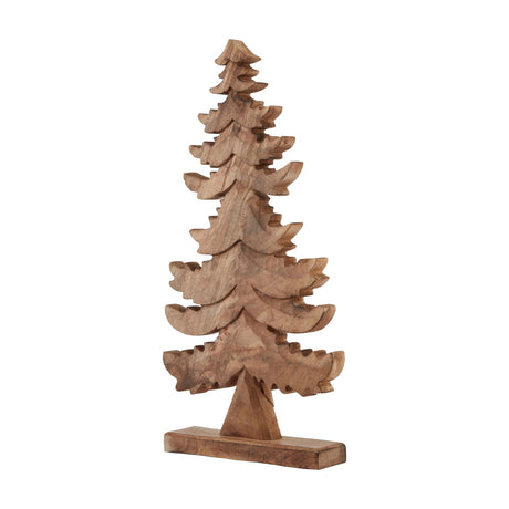 Hill Interiors Large Natural Wooden Christmas Tree in beige, a carved layered pine silhouette on a rectangular wood base, shown on a plain white background.