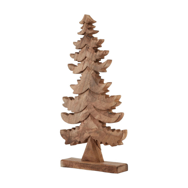 Hill Interiors Large Natural Wooden Christmas Tree in beige, a carved layered pine silhouette on a rectangular wood base, shown on a plain white background.