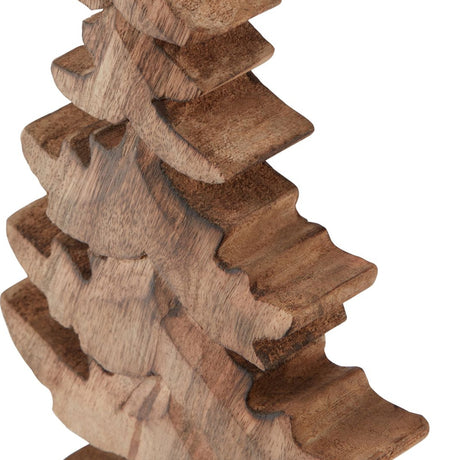 Close-up of Hill Interiors Large Natural Wooden Christmas Tree in beige, showing carved tiered branches and visible timber grain.