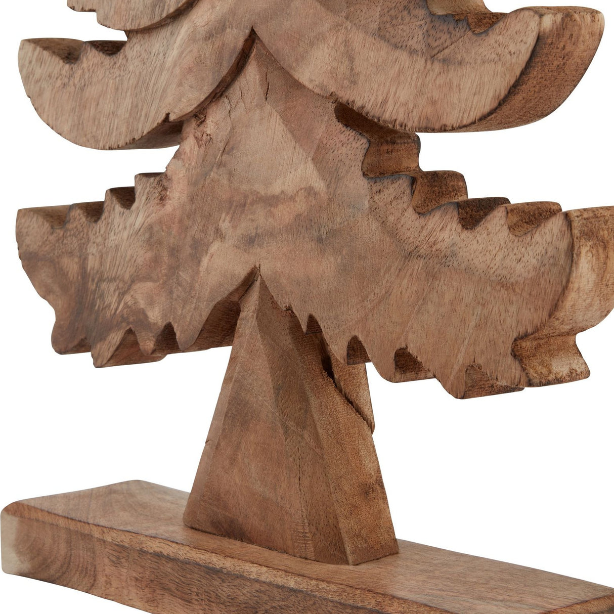 Close-up of the Hill Interiors Large Natural Wooden Christmas Tree in beige, showing the carved tiered branches and visible grain of the timber.