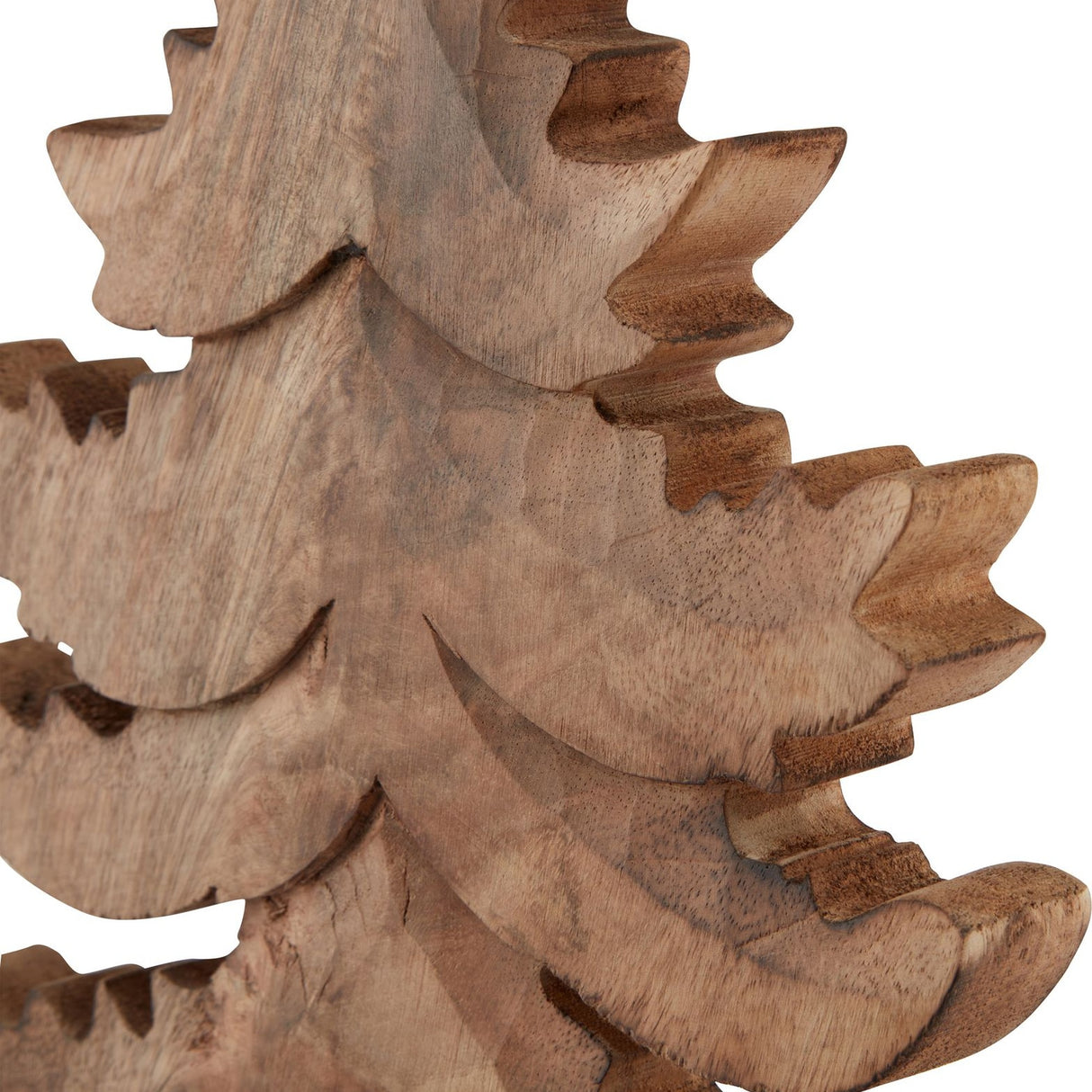 Close-up of Hill Interiors Large Natural Wooden Christmas Tree in beige, showing the carved layered branches and visible timber grain.