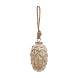 Hill Interiors small wooden pine cone bauble with carved layered scales and antique white wash finish, hanging from a jute rope loop on a white background.