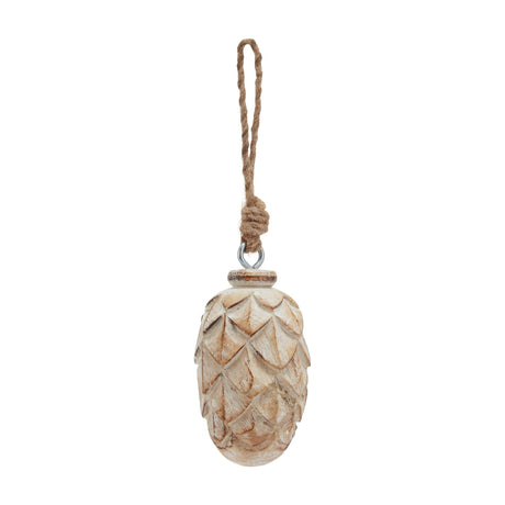 Hill Interiors small wooden pine cone bauble with carved layered scales and antique white wash finish, hanging from a jute rope loop on a white background.