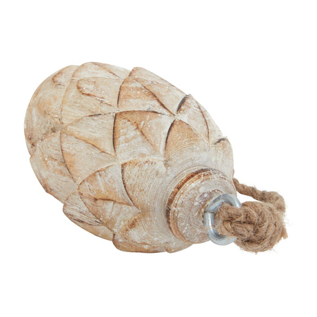 Hill Interiors small wooden pine cone bauble with carved scales, antique white wash finish, and rope hanging loop with metal ring, on a white background.