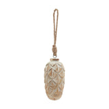 Hill Interiors Antique White Wash Pine Cone Bauble with carved wooden scales and jute rope hanging loop, shown against a plain white background.