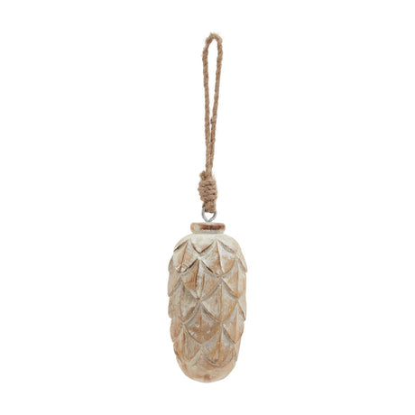 Hill Interiors Antique White Wash Pine Cone Bauble with carved wooden scales and jute rope hanging loop, shown against a plain white background.