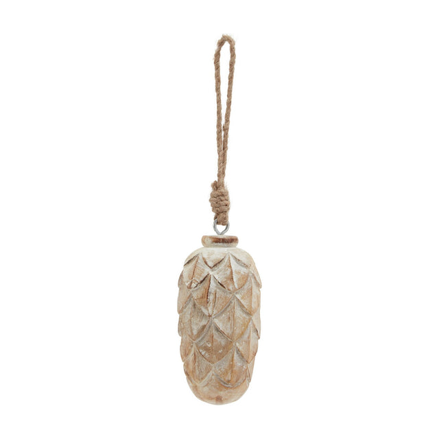 Hill Interiors Antique White Wash Pine Cone Bauble with carved wooden scales and jute rope hanging loop, shown against a plain white background.