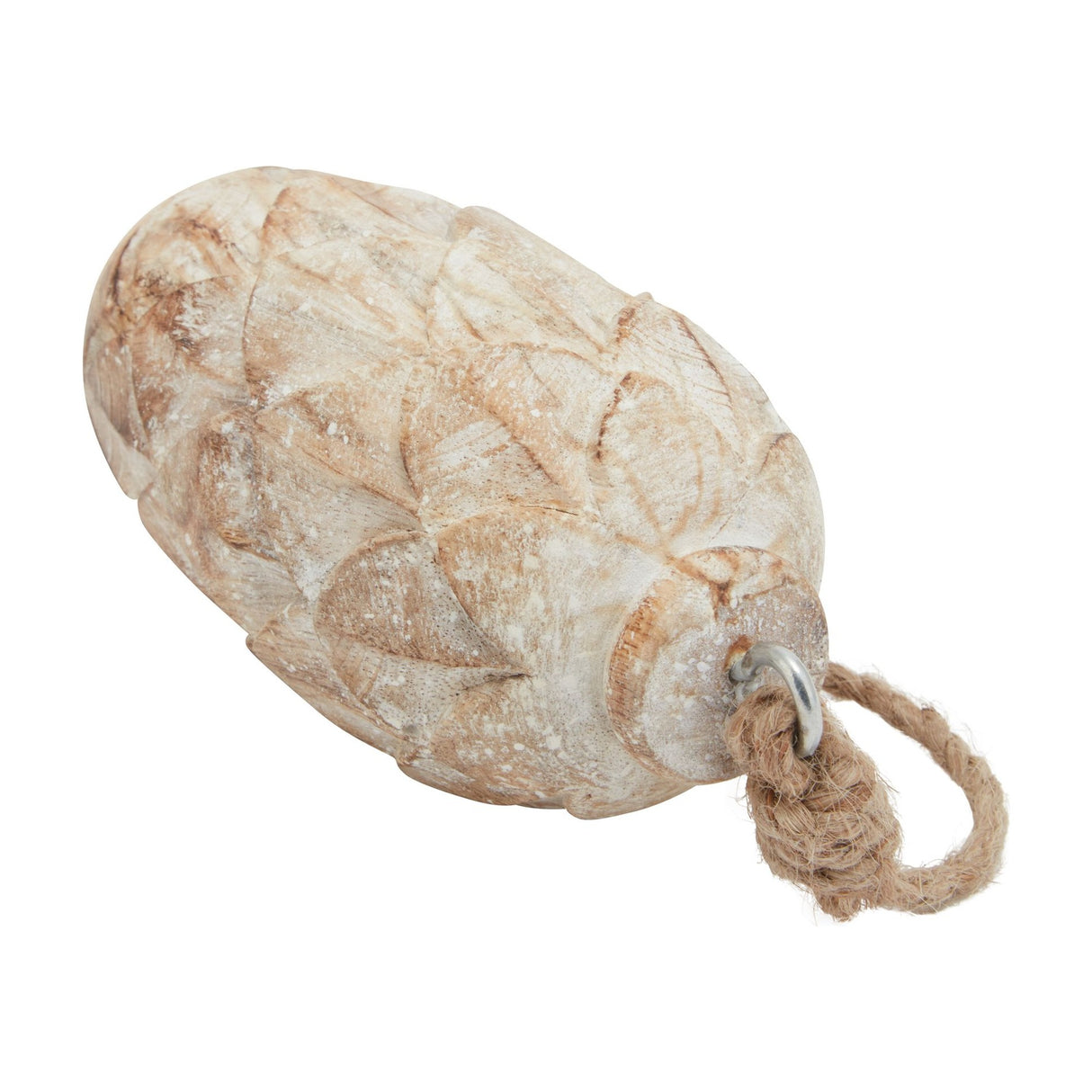 Hill Interiors Antique White Wash Pine Cone Bauble with carved wooden scales, chalky whitewashed finish and jute rope hanging loop, on a white background.