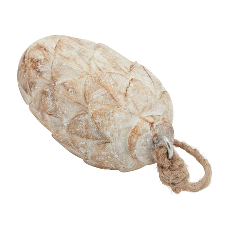 Hill Interiors Antique White Wash Pine Cone Bauble with carved wooden scales, chalky whitewashed finish and jute rope hanging loop, on a white background.