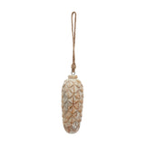 Hill Interiors large wood pine cone bauble in antique white wash finish, hanging from a jute rope loop against a plain white background.