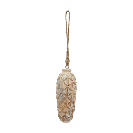 Hill Interiors large wood pine cone bauble in antique white wash finish, hanging from a jute rope loop against a plain white background.