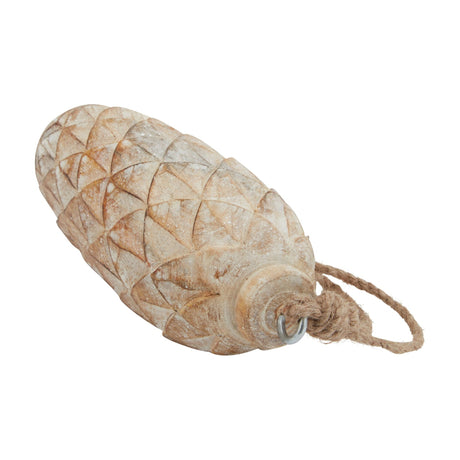 Hill Interiors large pine cone bauble in carved wood with antique white wash finish, shown on its side with jute hanging loop on a white background.
