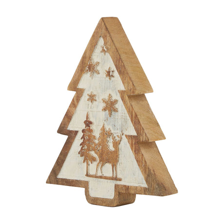 Hill Interiors Natural Wooden Snow Scene Tree Decoration in beige, carved with snowflakes, deer and pines on a white-washed panel, on a plain background.