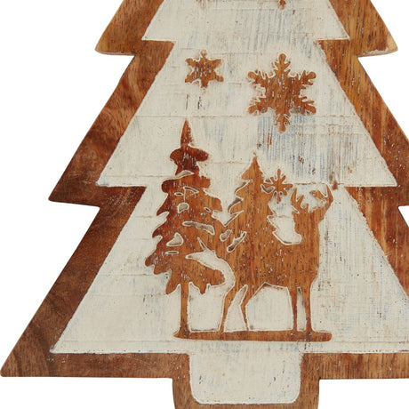 Hill Interiors Natural Wooden Snow Scene Tree Decoration in beige, carved with snowflakes, pines and a reindeer, showing natural wood grain detail.