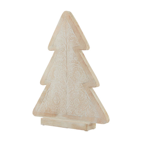 Hill Interiors large patterned wooden decorative tree in whitewashed brown with floral cut-out detail on a rectangular base, shown on white.