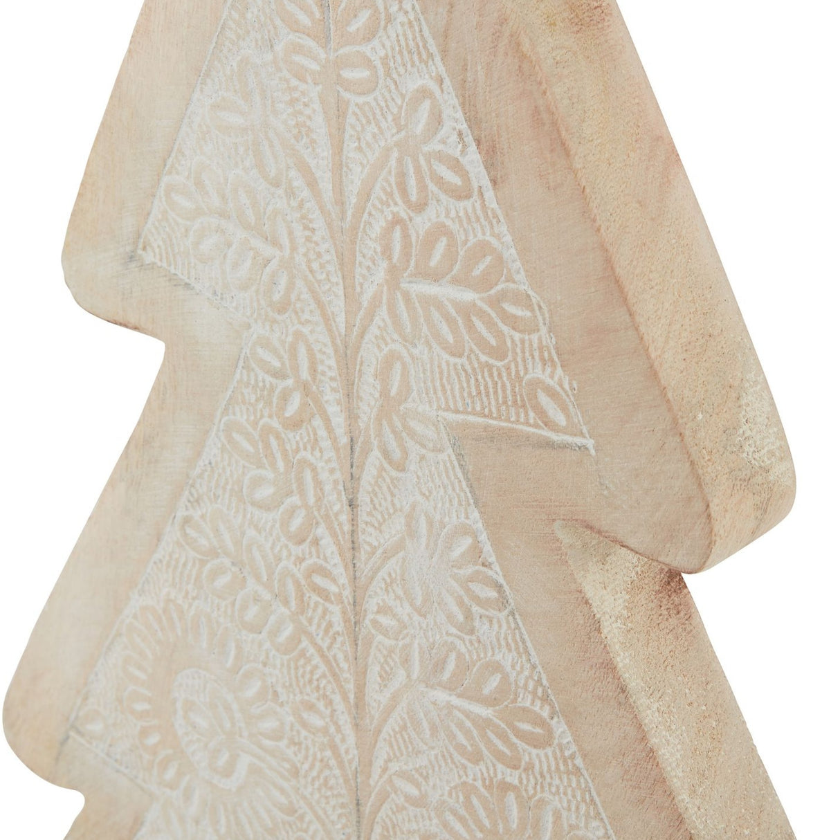 Close-up of Hill Interiors Large Patterned Wooden Decorative Tree in brown, showing the whitewashed floral cut-out detail and natural wood grain.