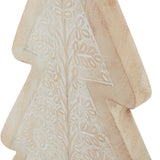 Close-up of Hill Interiors Large Patterned Wooden Decorative Tree in brown, showing the whitewashed floral cut-out detail and natural wood grain.