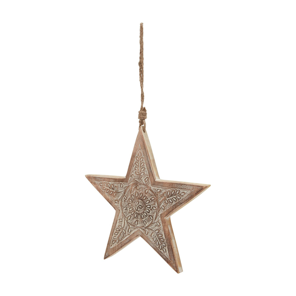 Hill Interiors Large Patterned Wooden Hanging Star in beige with a carved floral centre and jute loop, shown against a plain white background.