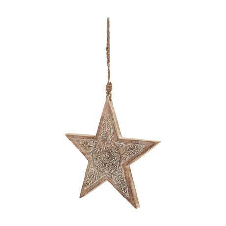Hill Interiors Large Patterned Wooden Hanging Star in beige with a carved floral centre and jute loop, shown against a plain white background.