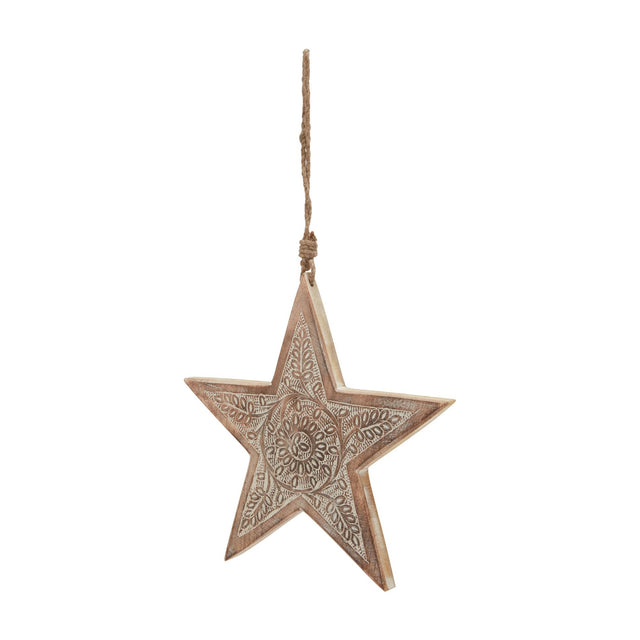 Hill Interiors Large Patterned Wooden Hanging Star in beige with a carved floral centre and jute loop, shown against a plain white background.