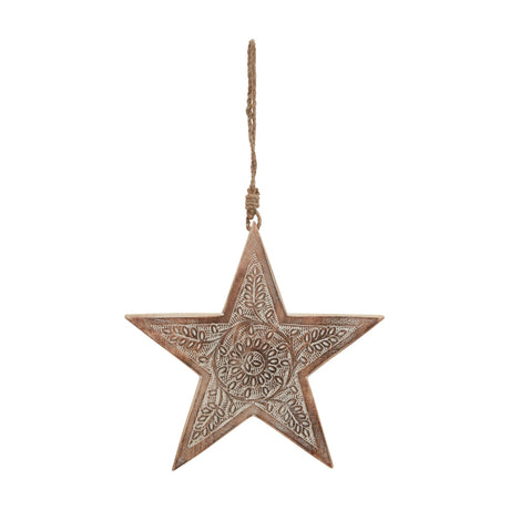 Hill Interiors Large Patterned Wooden Hanging Star in beige with carved floral centre and jute loop, shown against a plain white background.