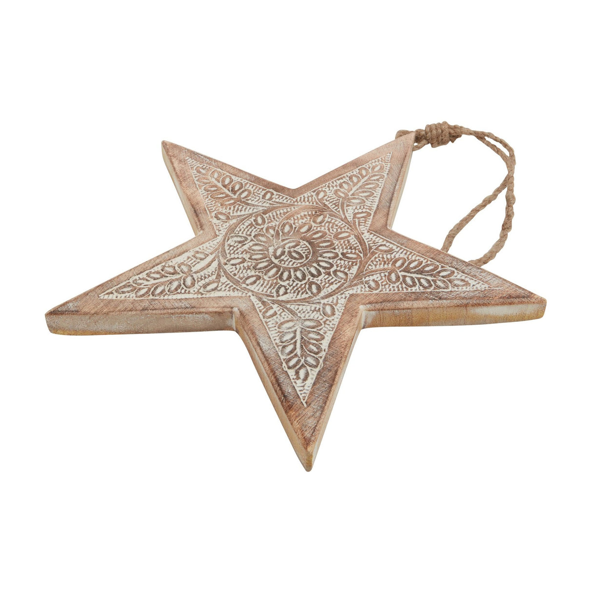 Hill Interiors Large Patterned Wooden Hanging Star in beige with carved floral centre and jute cord loop, shown against a plain white background.