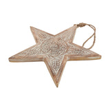 Hill Interiors Large Patterned Wooden Hanging Star in beige with carved floral centre and jute cord loop, shown against a plain white background.