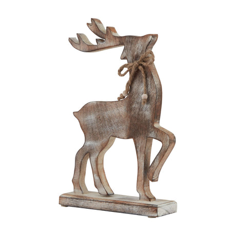 Hill Interiors white wash wooden reindeer decoration in brown, standing with raised antlers and a jute bow, shown on a plain white background.