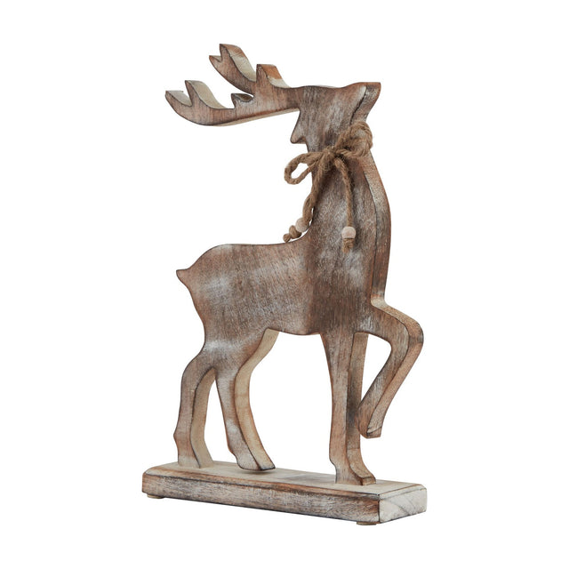 Hill Interiors white wash wooden reindeer decoration in brown, standing with raised antlers and a jute bow, shown on a plain white background.