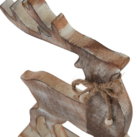 Close-up of Hill Interiors White Wash Wooden Reindeer Decoration in brown, showing carved antlers, head and jute bow detail against a white background.